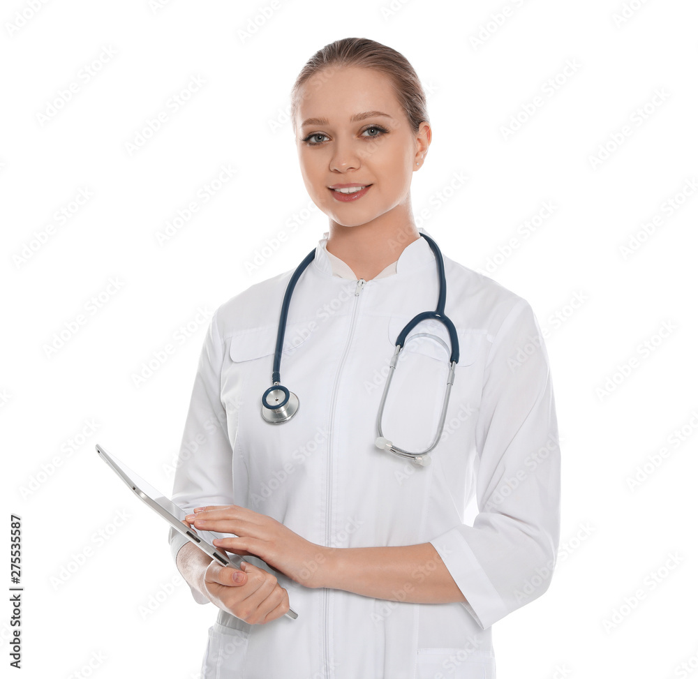 Portrait of medical doctor with stethoscope and tablet isolated on white Portrait of medical doctor with stethoscope and tablet isolated on white