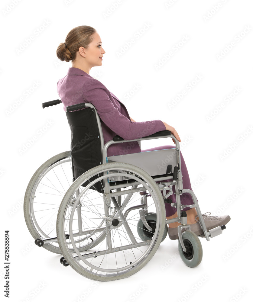 Beautiful young businesswoman in wheelchair isolated on white Beautiful young businesswoman in wheelchair isolated on white