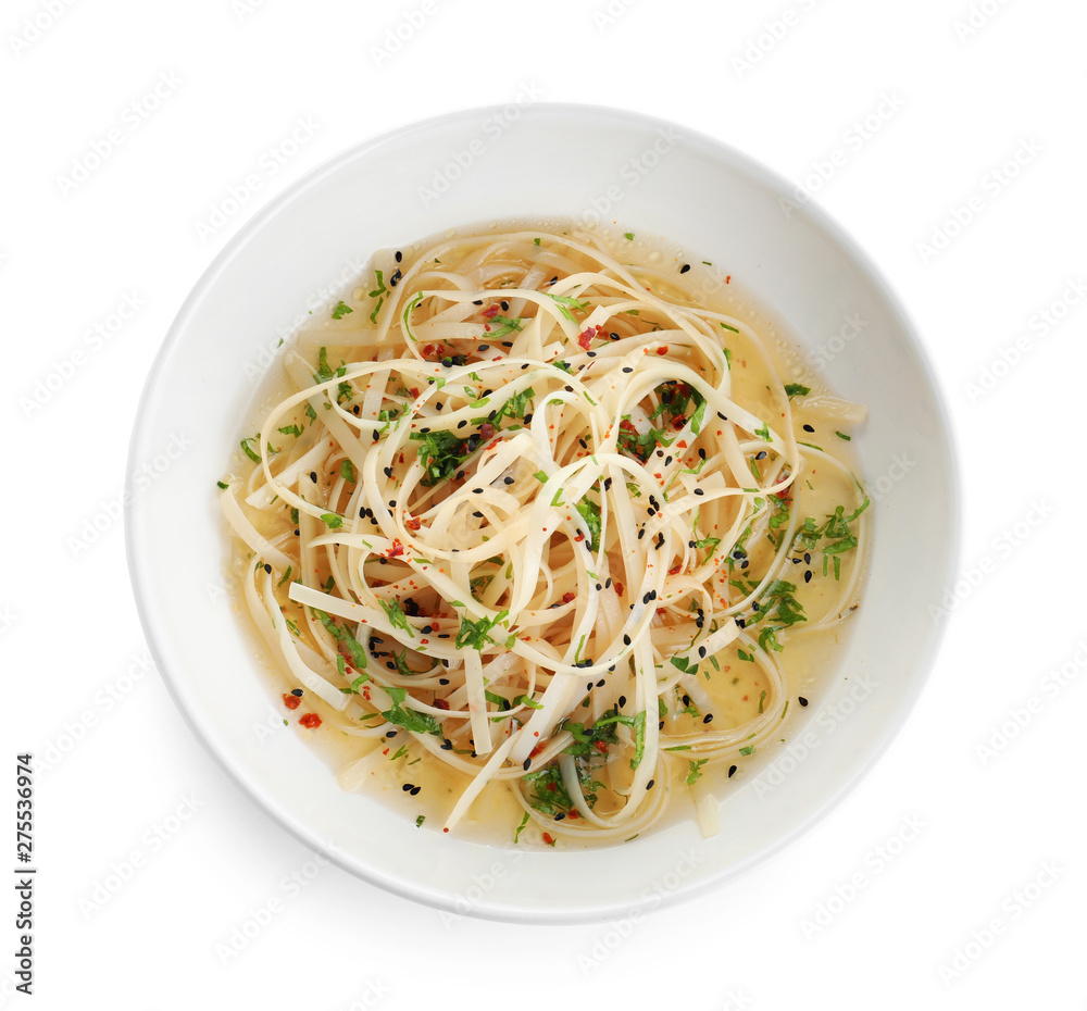 Plate of noodles with broth and herb isolated on white, top view Plate of noodles with broth and herb isolated on white, top view