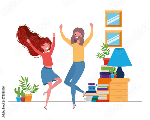 young couple dancing in living room character