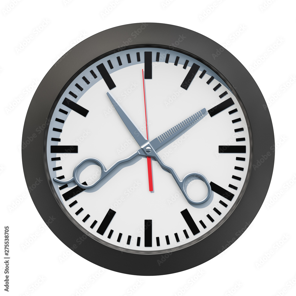 Barbershop Time concept. Clock face with scissors, 3D rendering Barbershop Time concept. Clock face with scissors, 3D rendering