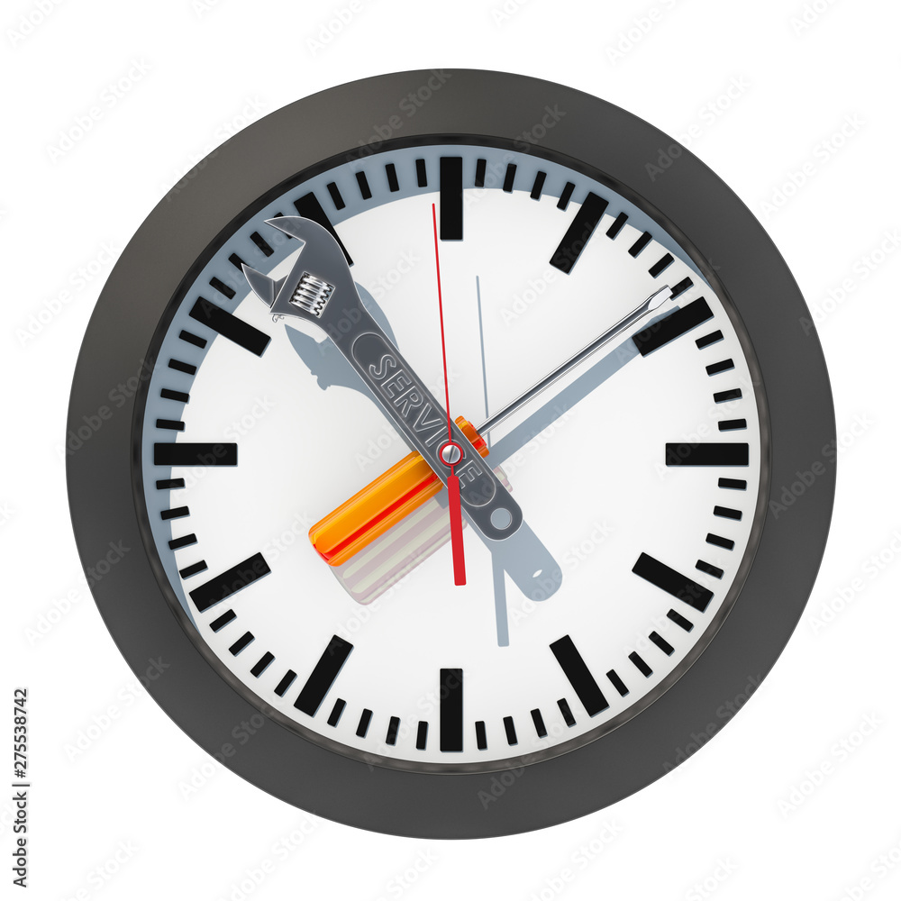 Clock face with repair tools. Repair Time concept. 3D rendering Clock face with repair tools. Repair Time concept. 3D rendering