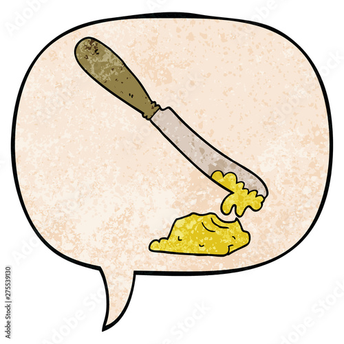 cartoon knife spreading butter and speech bubble in retro texture style