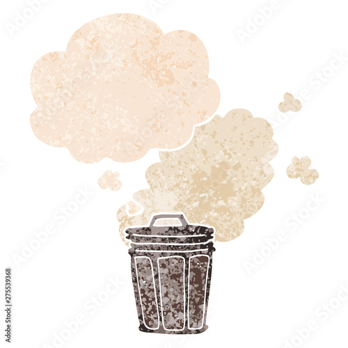cartoon stinky garbage can and thought bubble in retro textured style