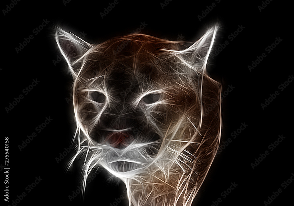 Fractal image of a wild mountain puma on a contrasting black background  close-up Stock Illustration | Adobe Stock