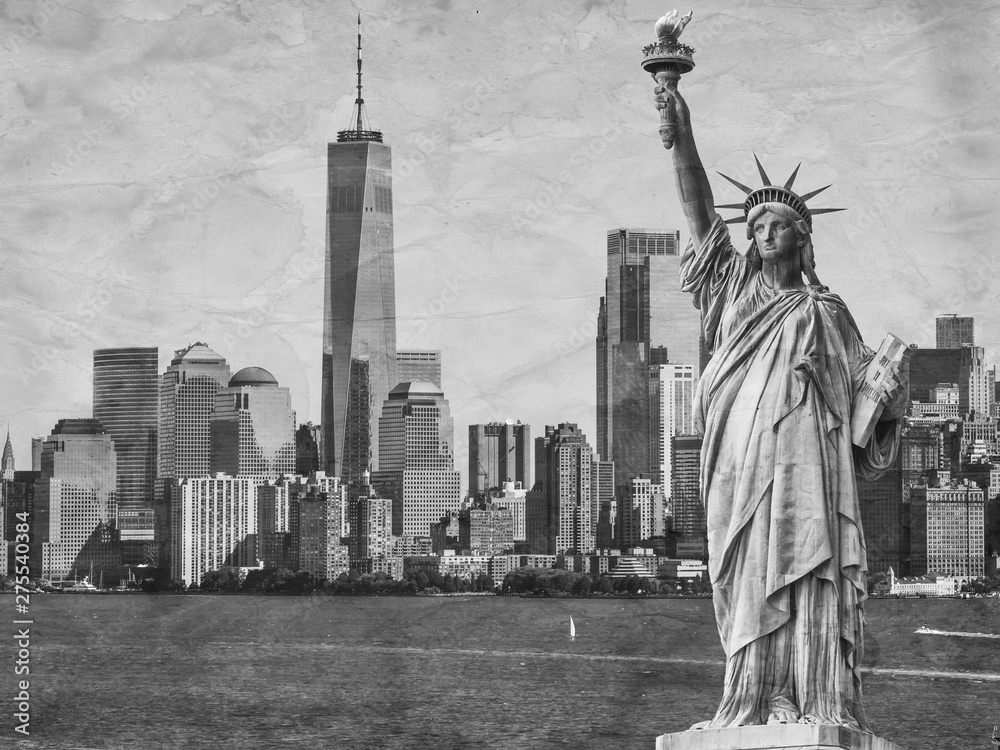 Statue of Liberty next to the Manhattan skyline, black and white and textured with old, crumpled and stained paper