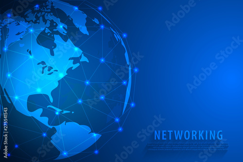 Global network connection background, blue world map, vector