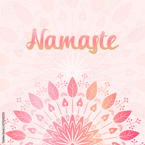 Yoga template banner. Namaste word on top. floral ornament