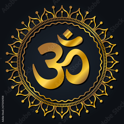 OM symbol golden gradient mandala. Oriental ornament with ancient Hindu mantra.