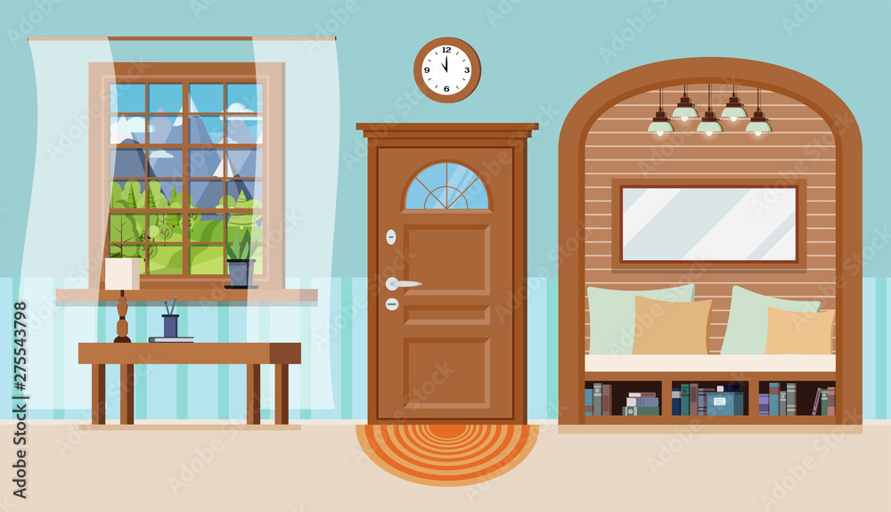 Cozy home entrance hall interior background with furniture: coffee table, lamp, ceiling light, closed window with mountain view, shoe bench, bookshelf, door. Cartoon flat style vector illustration.