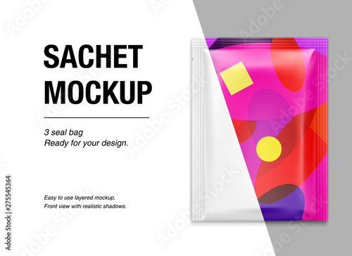 Colored sachet packaging for food, cosmetic and hygiene. Vector illustration on white background. Ready for your design. EPS10.	