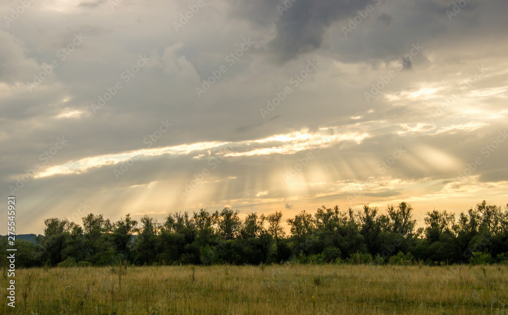 Summer landscape in cloudy day. Sun rays through the heavy clouds