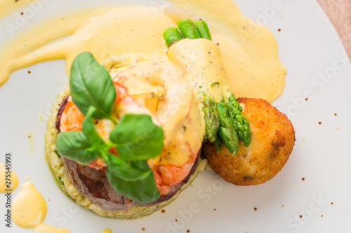 Fantastic mix - beaf stake, basil, shrimp, rice, asparagus and potato