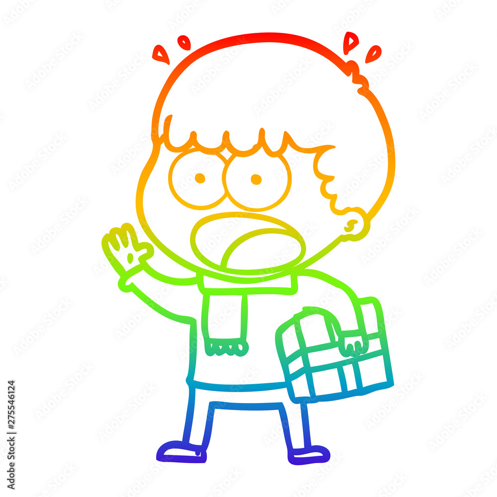rainbow gradient line drawing cartoon shocked man with gift