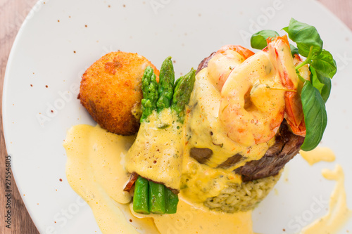 Fantastic mix - beaf stake, basil, shrimp, rice, asparagus and potato