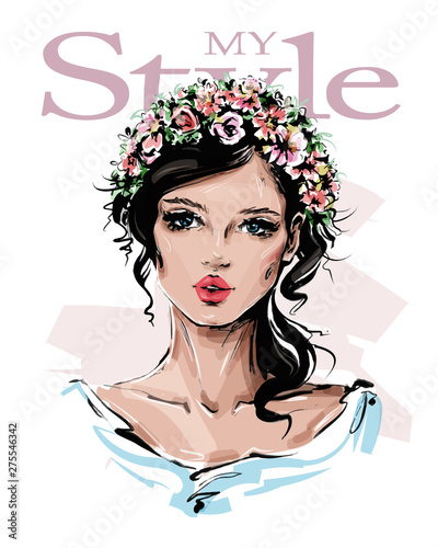 Hand drawn beautiful young woman with flower wreath on her head. Stylish girl. Fashion woman look. Sketch. Vector illustration.
