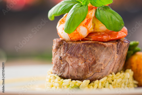 Fantastic mix - beaf stake, basil, shrimp, rice, asparagus and potato