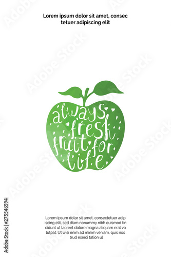 Bright vegan apple- poster template, lettering design on white background