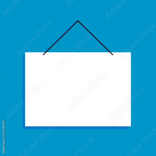 Hand holding blank signboard. Flat style. Blue background.