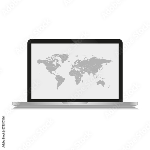 The gray map of the world is depicted on screen computer and on a white background. © Volodymyr