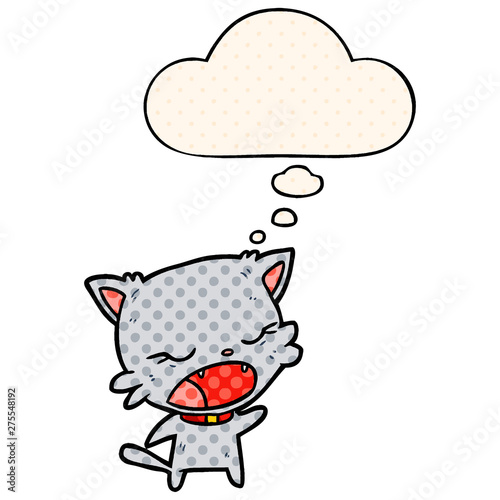 cartoon cat talking and thought bubble in comic book style
