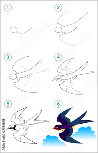 Educational page for kids. How to draw step by step a cute swallow. Back to school. Developing children skills for drawing and coloring. Printable worksheet for baby book. Vector cartoon image.
