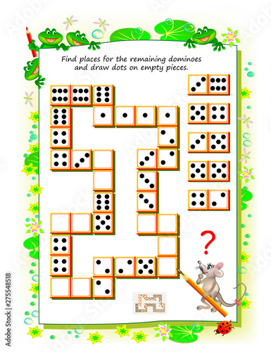 Logic puzzle game for little children. Need to find places for the remaining dominoes and draw dots on empty pieces. Educational page for kids. Printable worksheet for baby book. Back to school.