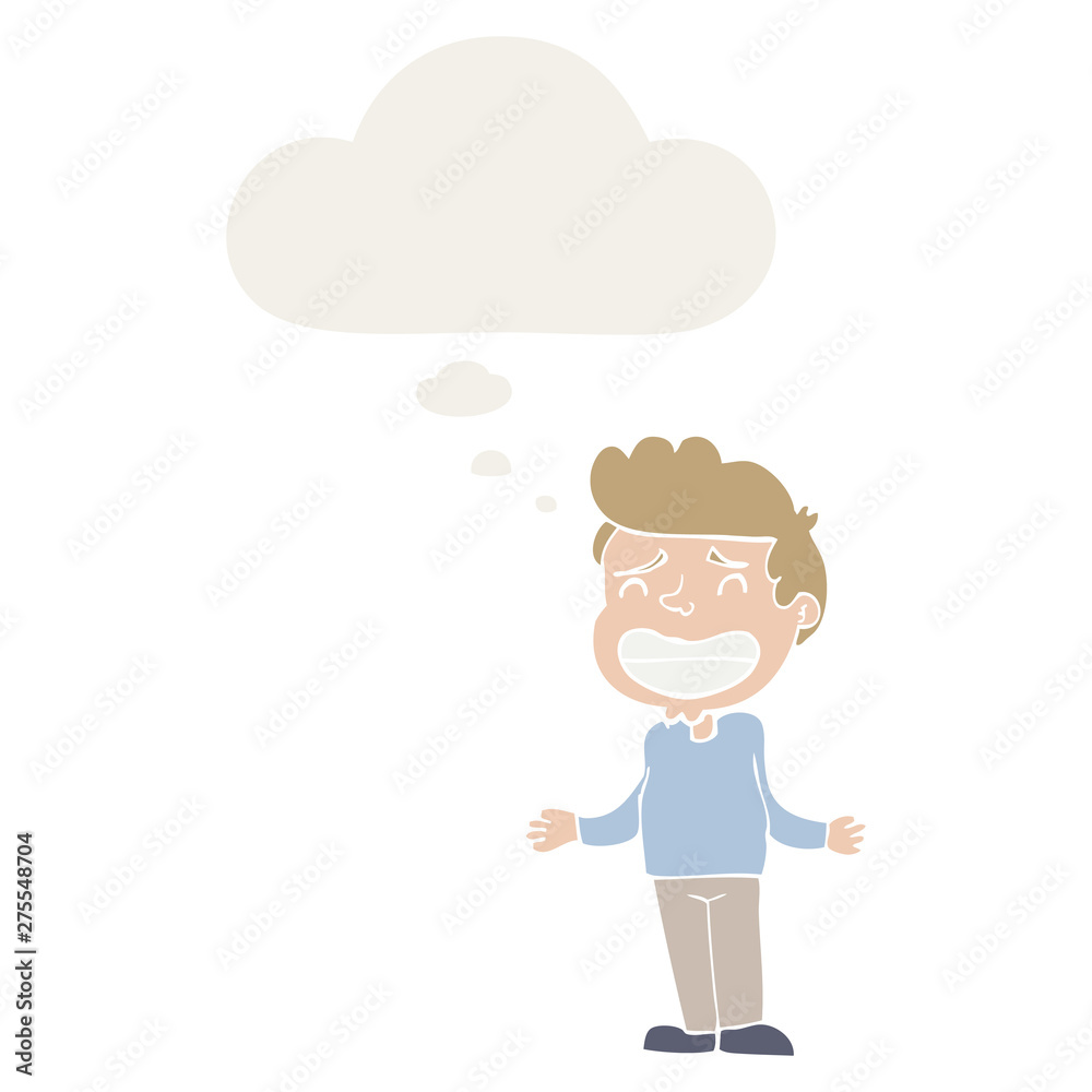 cartoon boy shrugging and thought bubble in retro style cartoon boy shrugging and thought bubble in retro style