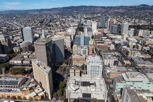 Aerial view of downtown streets and buildings in Oakland, California.