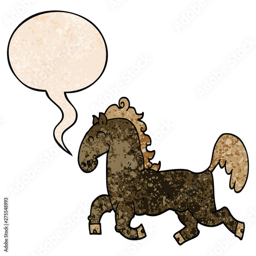 cartoon stallion and speech bubble in retro texture style