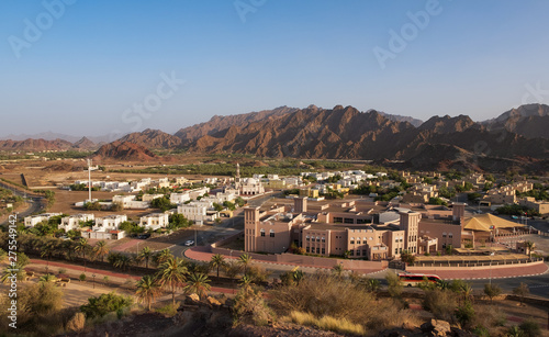 View from the top on town of Hatta and rocks in the background. Hatta is an enclave of Dubai in the Hajar Mountains, United Arab Emirates