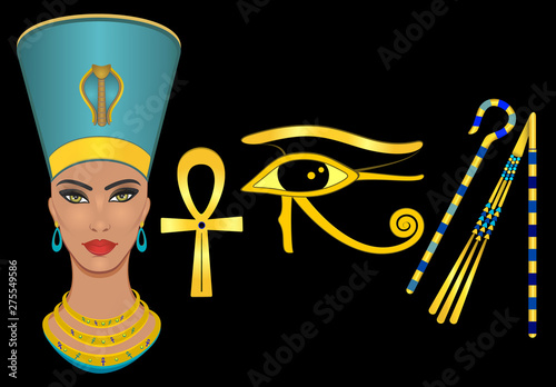 Nefertiti, Horus eye, Ankh, Crook and Flail