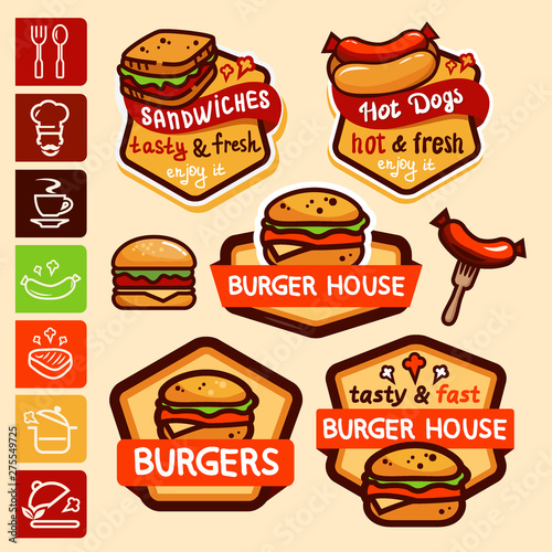 Burger sandwich emblem logo design set. Isolated vector illustration