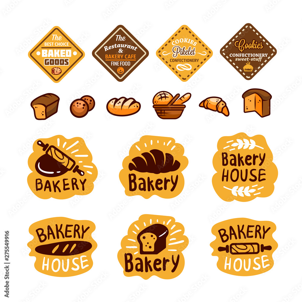 Bread and bakery products logos and icons with lettering. Bagel and croissant and baguette silhouettes with signs for pastry food shop. Food of dough and flour badges vector isolated
