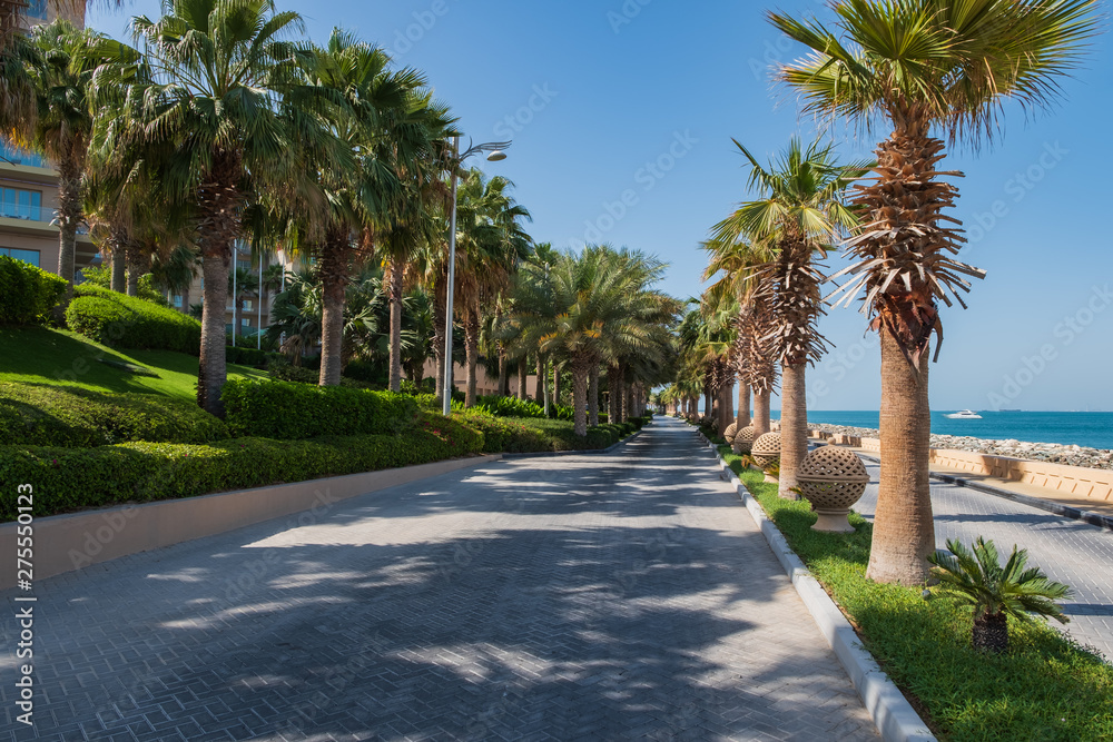 DUBAI, UAE - The Boardwalk on the Palm Jumeirah Island on the Crescent. The Palm Jumeirah is an artificial archipelago created using reclaimed land