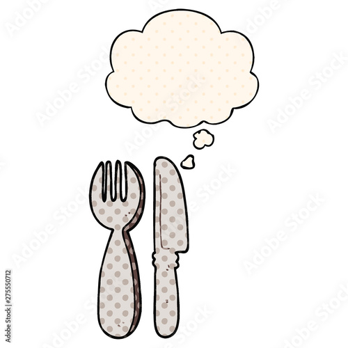 cartoon knife and fork and thought bubble in comic book style