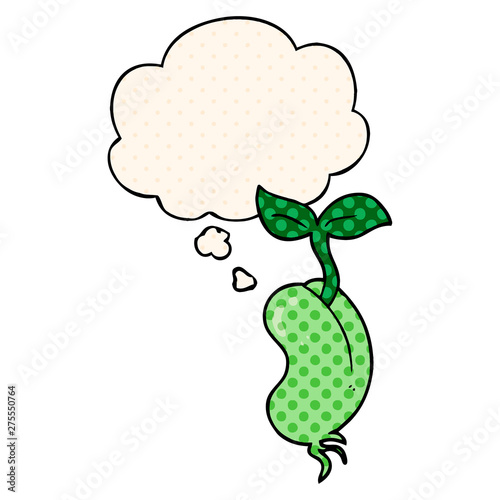 cartoon sprouting seed and thought bubble in comic book style