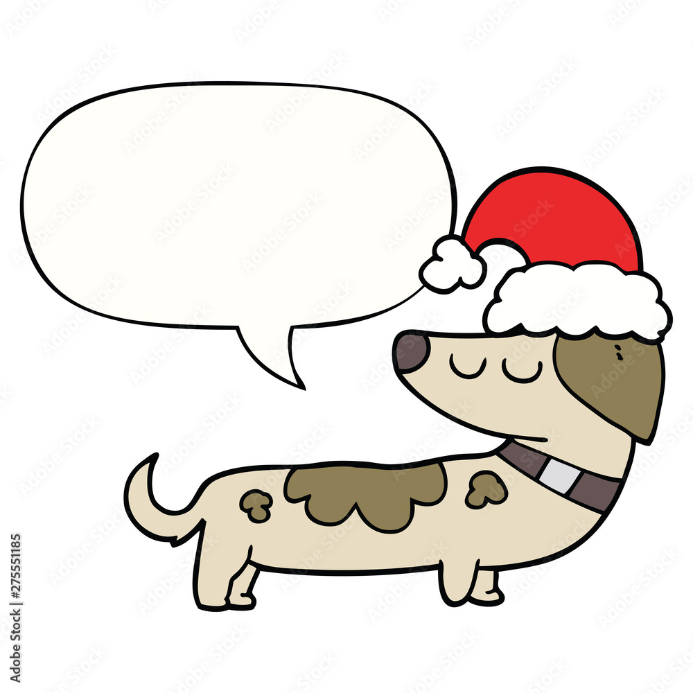 cartoon dog wearing christmas hat and speech bubble