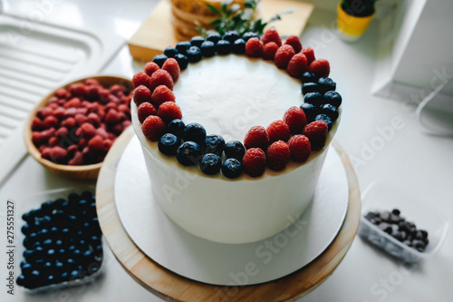Delicious berry Cake with Fresh Raspberry and Blueberry