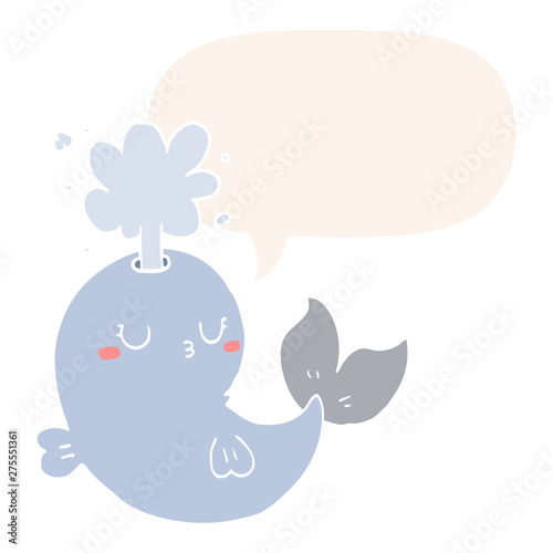cartoon whale spouting water and speech bubble in retro style