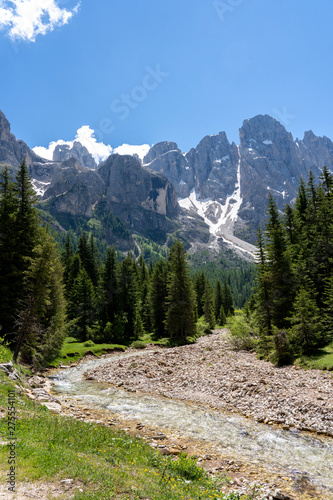 Pale di San Martino range panorama landscape during summer season. Passo Rolle summer landscape - Pale di San Martino range. Trentino Alto Adige. Mountain landscape in summer, Italian Dolomites.