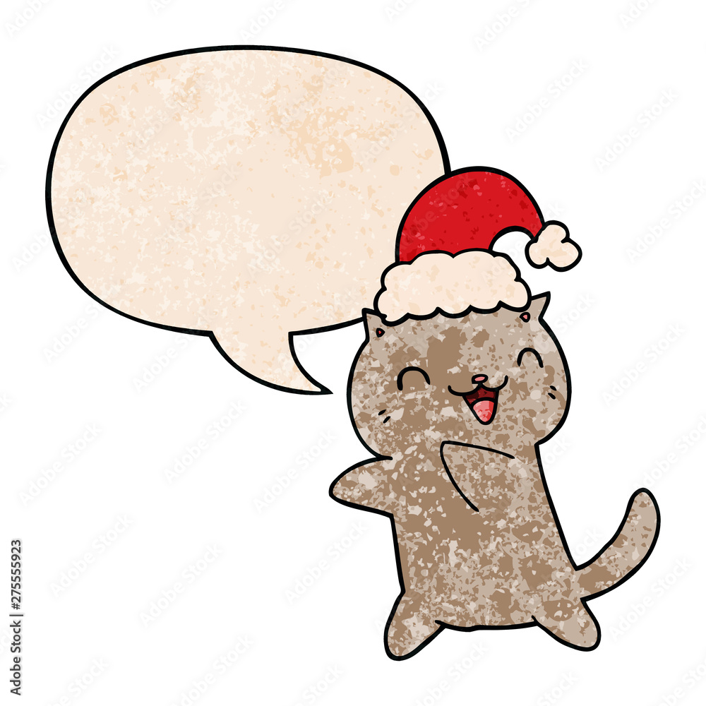 cute cartoon christmas cat and speech bubble in retro texture style cute cartoon christmas cat and speech bubble in retro texture style