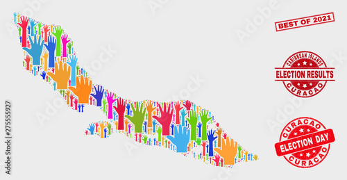 Ballot Curacao Island map and watermarks. Red rectangular Best of 2021 scratched watermark. Colored Curacao Island map mosaic of upwards election arms. Vector composition for election day,