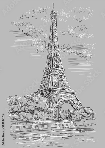 Fototapeta Naklejka Na Ścianę i Meble -  Grey vector hand drawing Paris 1
