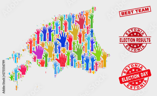 Election Estonia map and stamps. Red rectangle Best Team textured stamp. Colorful Estonia map mosaic of upwards referendum arms. Vector combination for election day, and ballot results.