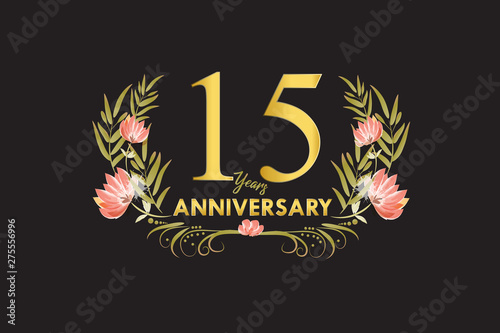 15 Years anniversary golden watercolor wreath illustration