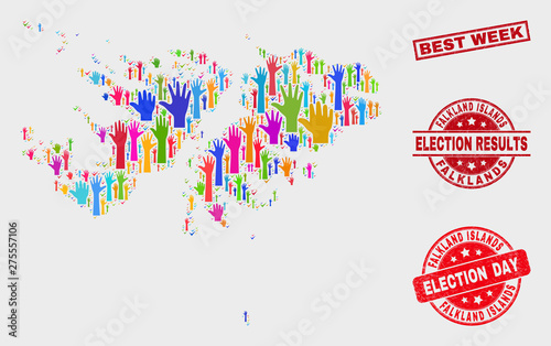 Electoral Falkland Islands map and seals. Red rectangular Best Week grunge watermark. Colorful Falkland Islands map mosaic of upwards referendum hands. Vector combination for election day,