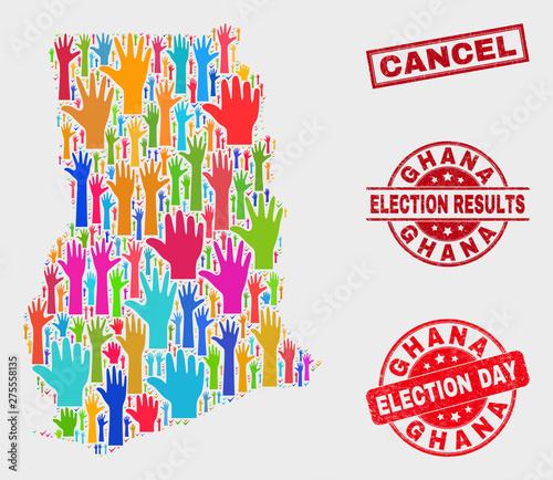 Ballot Ghana map and watermarks. Red rectangular Cancel scratched seal stamp. Colored Ghana map mosaic of upwards referendum hands. Vector combination for election day, and ballot results.