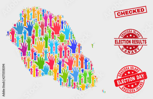 Election Graciosa Island map and stamps. Red rectangular Checked scratched seal stamp. Bright Graciosa Island map mosaic of raised support arms. Vector composition for election day,
