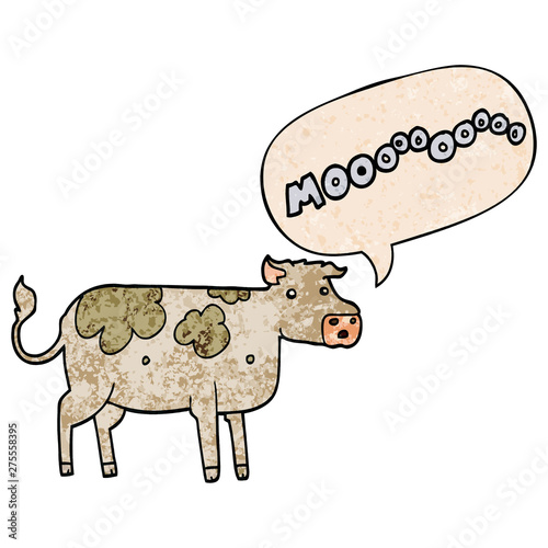 cartoon cow and speech bubble in retro texture style